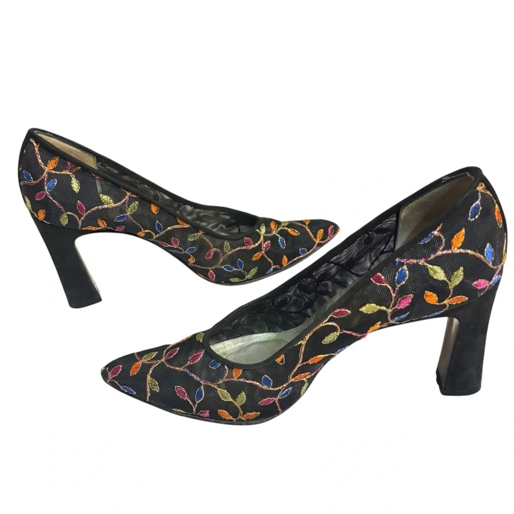 Delman heels black pointy toe mesh embroidered multicolor vines pumps size 6